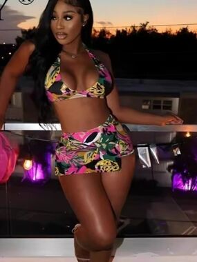 Free Kisses Tropical Print Bikini Set in Pink, Green, Yellow and Black
